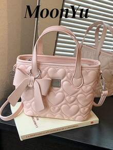 女款方形手提包，刺繡愛心圖案配蝴蝶結吊飾，可愛優雅淑女溫柔粉色包款，斜背肩背包，適合購物、通勤、約會 - 查看 3