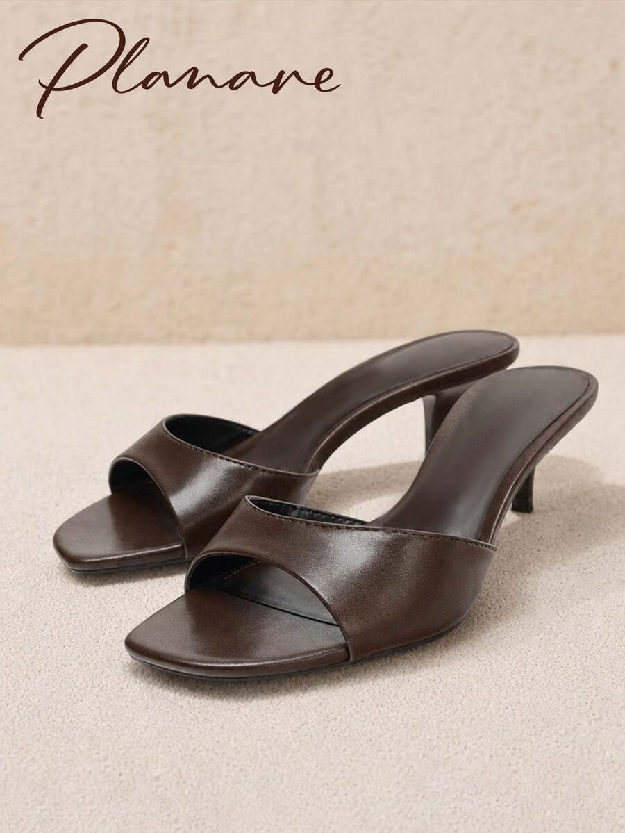 planare New Women's Popular Summer Minimalist Fashion Slip-On Square Toe Kitten Heel Sandals, Vacation Outfits, Brown, Suitable For Daily Commute