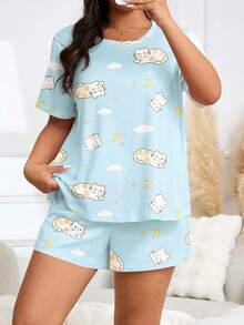 Sweet Healing Style Plus Size Women's Summer Cute Cat & Cloud Round Neck Short Sleeve T-Shirt & Shorts 2-Piece Set, Girly Plus Size Loungewear - Baby Blue - View 9