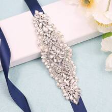 1pc Rhinestone Handmade Bridal Belt - Sliver Applique+Navy Blue Ribbons - View 3