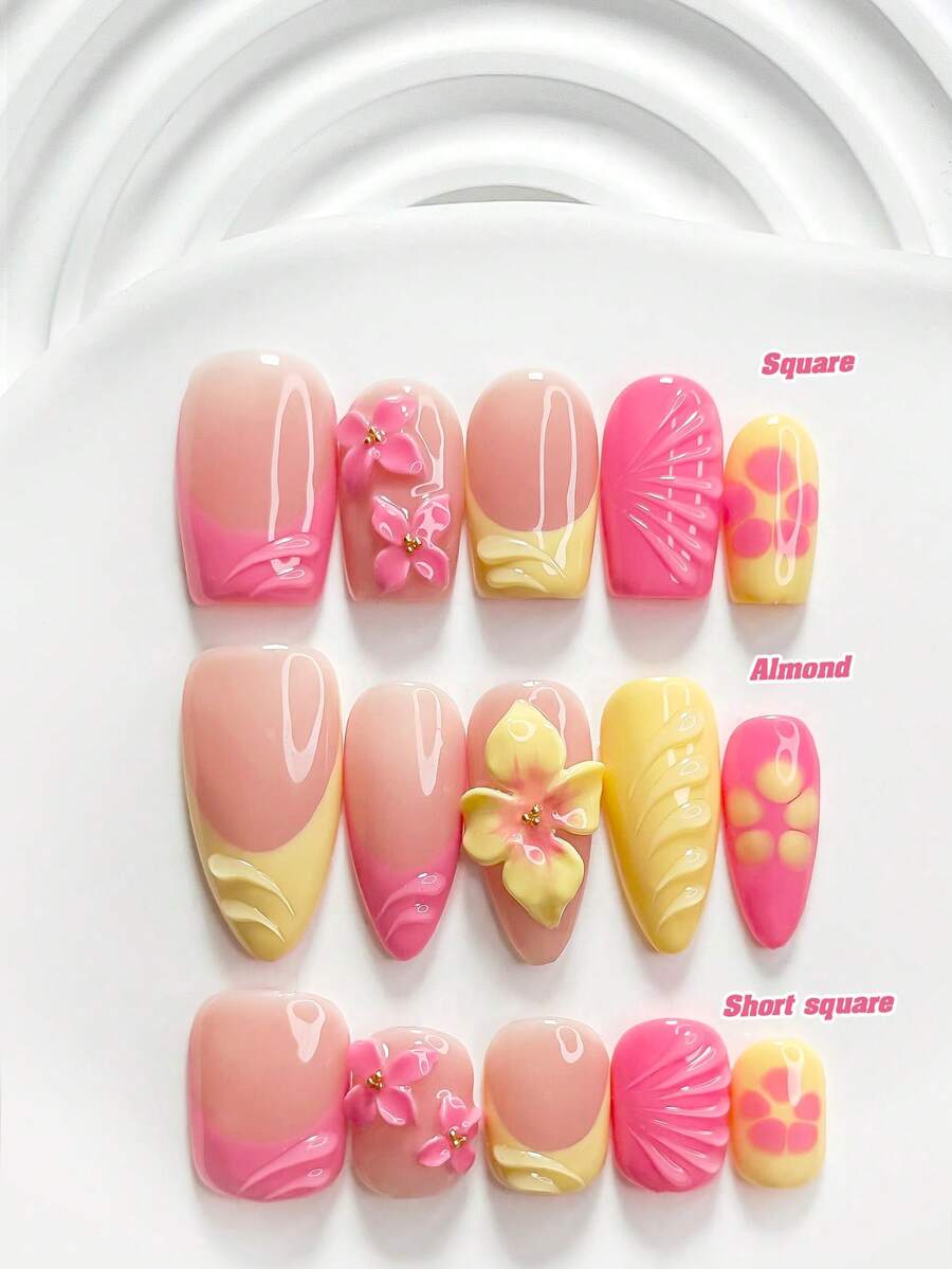 10片裝極簡風手工穿戴甲 Polygel 美甲套組,手工水波紋 3D 手雕花,粉色與黃色指甲油,甜美風,附美甲工具,3種尺寸可選,方型、短方型、杏仁型,適合派對、舞蹈、日常配戴 - 彩色 - 查看 1