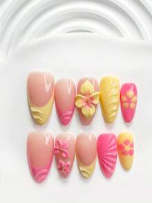 10片裝極簡風手工穿戴甲 Polygel 美甲套組，手工水波紋 3D 手雕花，粉色與黃色指甲油，甜美風，附美甲工具，3種尺寸可選，方型、短方型、杏仁型，適合派對、舞蹈、日常配戴 - 彩色 - 查看 16