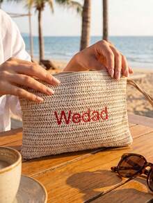 Personalized Embroidered Straw Makeup Bag, Lightweight Bohemian Style Straw Clutch, Bridal Party Gift, Gift For Her, Customized Toiletry Bag, Customized Embroidered Name, Customized Makeup Bag Organizer, Letter Embroidered Makeup Bag, Bridesmaid Gift Box, Suitable For Beach Vacation - Multicolor - View 10