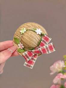 2pcs Mini Straw Hat Hair Clips, Plaid Bow & Small Flower Decor Hair Clips, Pastoral Style Daily Hair Accessories For Girls - Multicolor - View 3