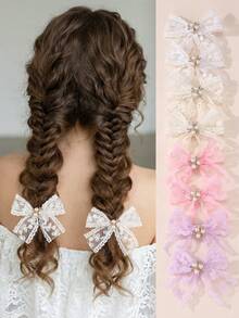 8pcs/Set Girls Mesh Pearl Flower Hair Clip Set Suitable For Daily Decoration - Multicolor - View 1