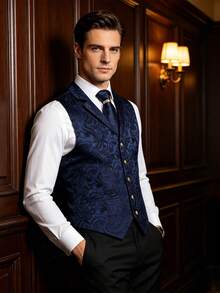Big & Tall Navy Paisley Jacquard Lapel Vest Set With Gold Buttons, Formal Waistcoat With Tie, Gold Tie Clip - Navy Blue - View 1