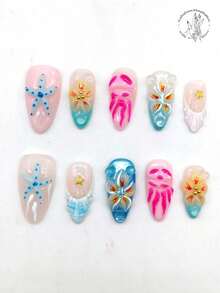 Ocean Style, Beach Vacation Essential Nails, 10pcs Handmade Press-On Nails, Pink Nail Tips, Orange Nail Tips, Blue Nail Tips, White Tie Dye, Ocean Surface Design, 3D Raised Transparent Flowers, Gold Starfish, Seahorse, Shell, White Pearl Decorations. Summer Nails, Graduation Season Nails, Wedding, Formal Ball, World Cup - Multicolor - View 2