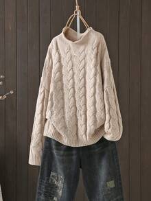 Crew Neck Long Sleeve Solid Color Casual Ribbed Knit Pullover, Daily Wear For Autumn/Winter - Khaki - View 1