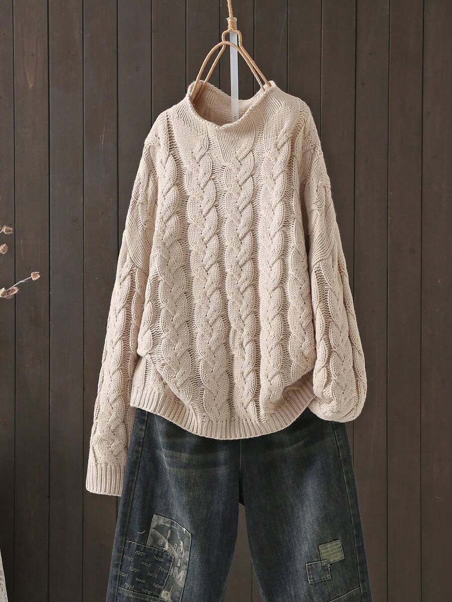 Crew Neck Long Sleeve Solid Color Casual Ribbed Knit Pullover, Daily Wear For Autumn/Winter - Khaki - View 1
