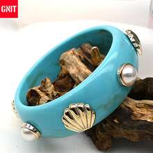 GNIT Gelang Wanita Resin Bertatahkan Mutiara dan Emas, Set Gelang Terbuka Tebal 3pcs/1pc yang Dapat Ditumpuk, Perhiasan Personalisasi Gaya Vintage Pesisir - Biru langit. Emas. Emas - View 9