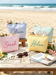 1pc Customized Personalized Embroidered Name Letter Makeup Bag, Suitable For Home Storage And Travel Use. Perfect For Cruise Trips, Dorm Life, Suitcase Organization And More. Ideal Gift Choice, Can Be Used As Bridesmaid Return Gift, Mother's Day Gift, Birthday Gift, Suitable For Mom, Friends And Teachers, Practical And Versatile, Essential Item For Daily And Holiday Occasions. - Multicolor - View 4