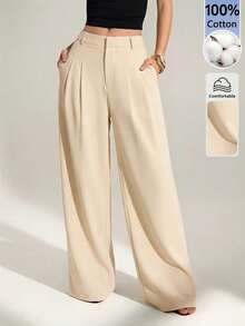 Sexy And Casual Business-Style High-Waisted Wide-Leg Pleated Trousers - Elegant Solid-Color Loose-Fitting Trousers, Professional Office Wear, Work Trousers With Co - 卡其色 - 查看 12