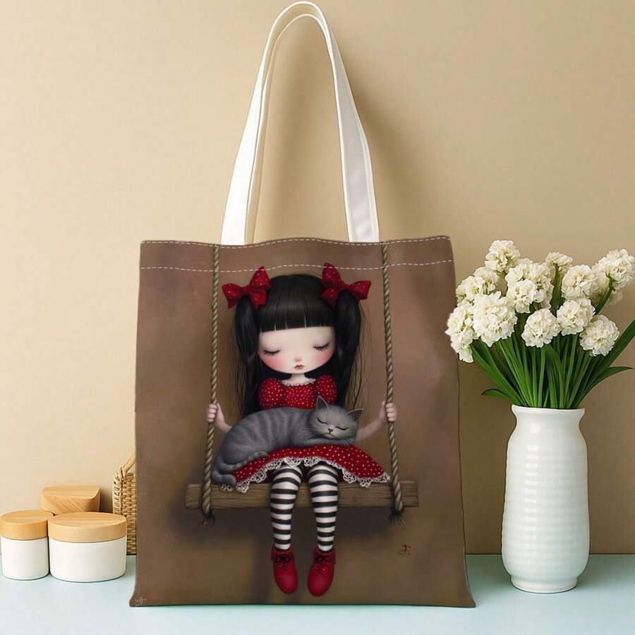 1pc Gothic Cute Doll Tote Bag, Swing Dark Art Reusable Shopping Bag, Multifunctional Personalized Print Handbag, Casual Design, Suitable For Book Lovers, Perfect Gift For Friends, Birthday, New Year, Christmas,Room Decor,Travel Essential - Multicolor - View 1
