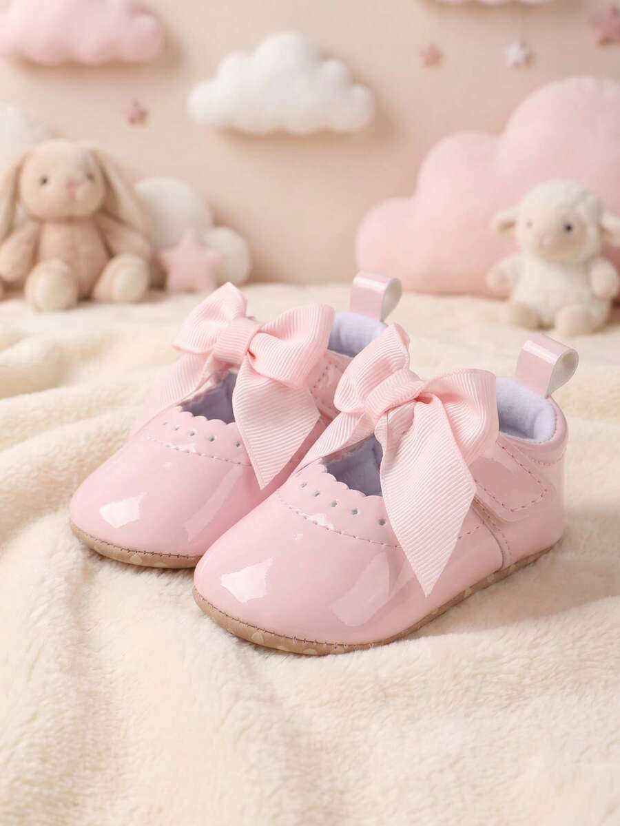 Infant Girls' Bow Knot Design Pu Hook And Loop Shoes, Soft Non-Slip Bottom, Spring & Autumn, Fit For 0-18 Months Babies - Pink - View 1