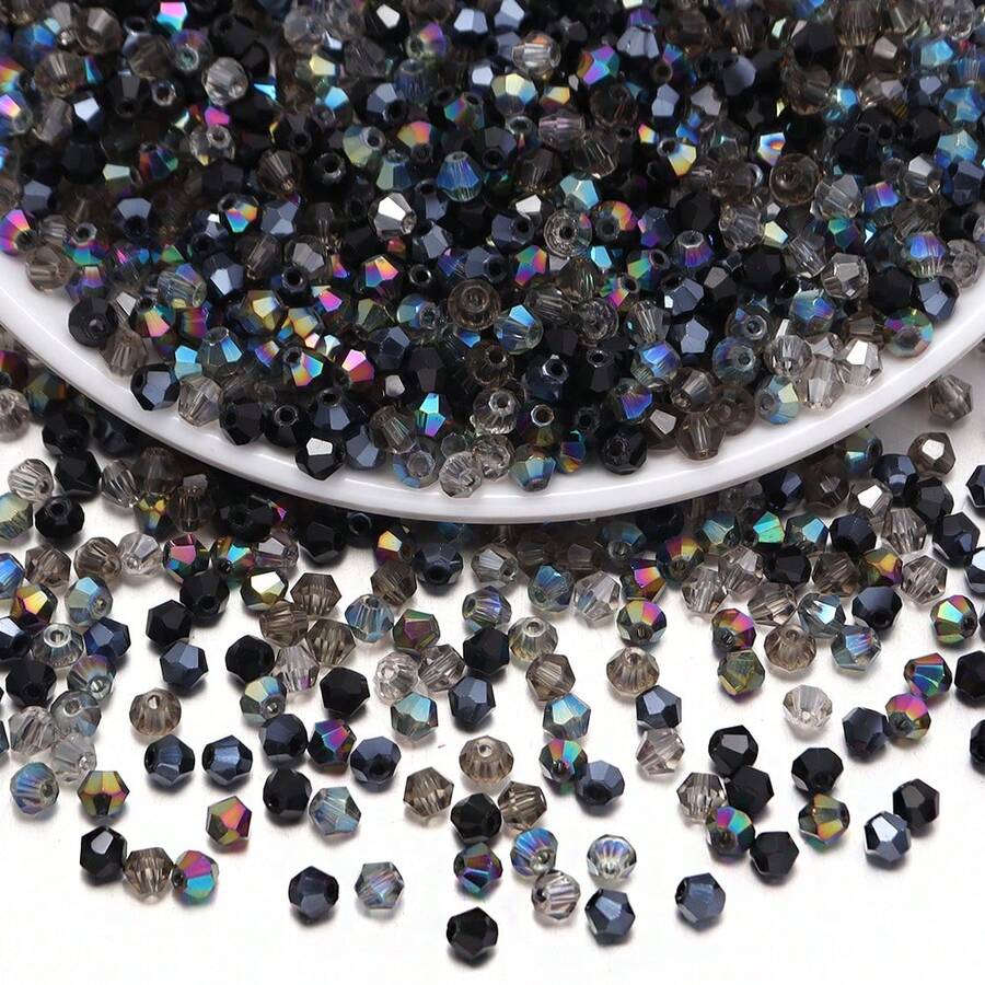 1 Bag Black Glass Crystal Pointed Beads, Random Shades, Approx. 200pcs/Bag