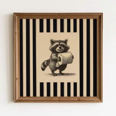 1pc Canvas Wall Art Unframed, Black Beige Vertical Striped Border Cute Raccoon Holding Toilet Paper Vintage Sketch Print, Funny Neutral Farmhouse Bathroom Poster, Wall Decor For Restroom, Gift For Raccoon Animal Lover Bathroom Decor