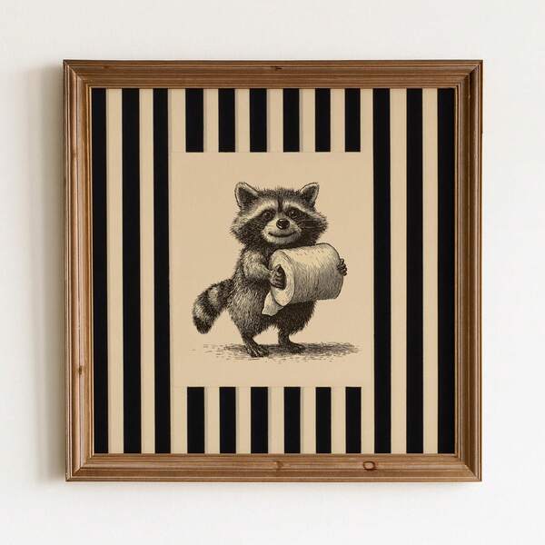 1pc Canvas Wall Art Unframed, Black Beige Vertical Striped Border Cute Raccoon Holding Toilet Paper Vintage Sketch Print, Funny Neutral Farmhouse Bathroom Poster, Wall Decor For Restroom, Gift For Raccoon Animal Lover Bathroom Decor