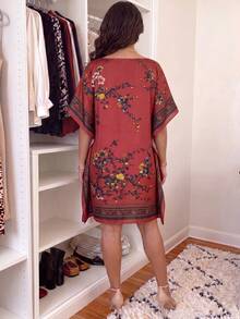 1PC Faux Silk Elegant Floral Print Pullover Shawl Women's Lightweight Fashion Versatile Sun Protection Cover-Up Beach Satin Loose Dress Suitable For Daily Decorative Matching - Red - View 2