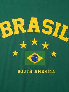 青少年男孩休閒戶外運動 BRASIL 字母印花足球風寬鬆舒適柔軟綠色短袖 T 恤，春夏款，適合夏季運動與返校穿著 - 彩色 - 查看 5