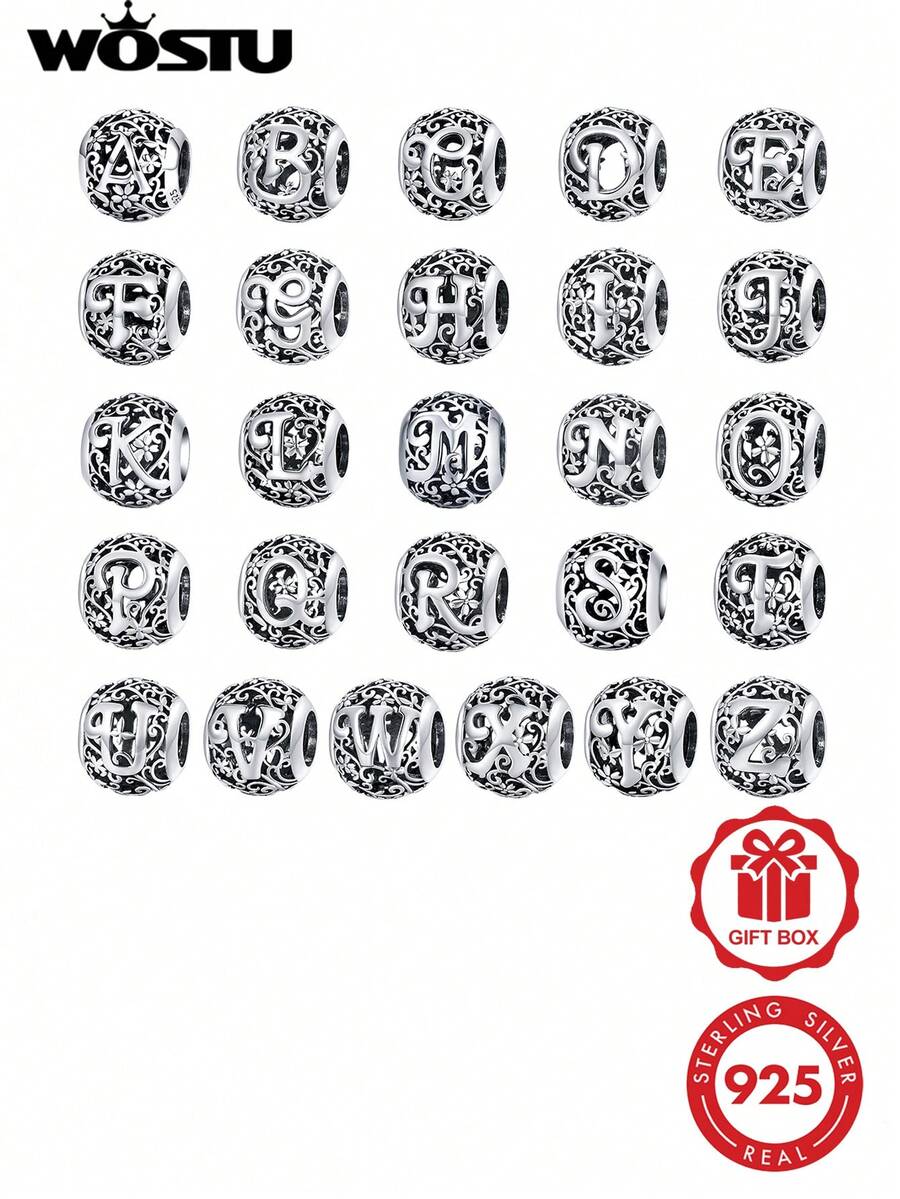 WOSTU 1件低過敏性925純銀復古鏤空A-Z字母吊墜珠，刻花字母隔珠，DIY手鍊配件，女性生日禮物