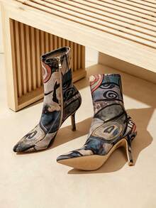All Over Print Stiletto Ankle Boots For Women Pointed Toe Shoes, Fashion Unique Stretch Fabric For Heels Boots Each Pair May Vary For Surprise - 不規則-C - 查看 1