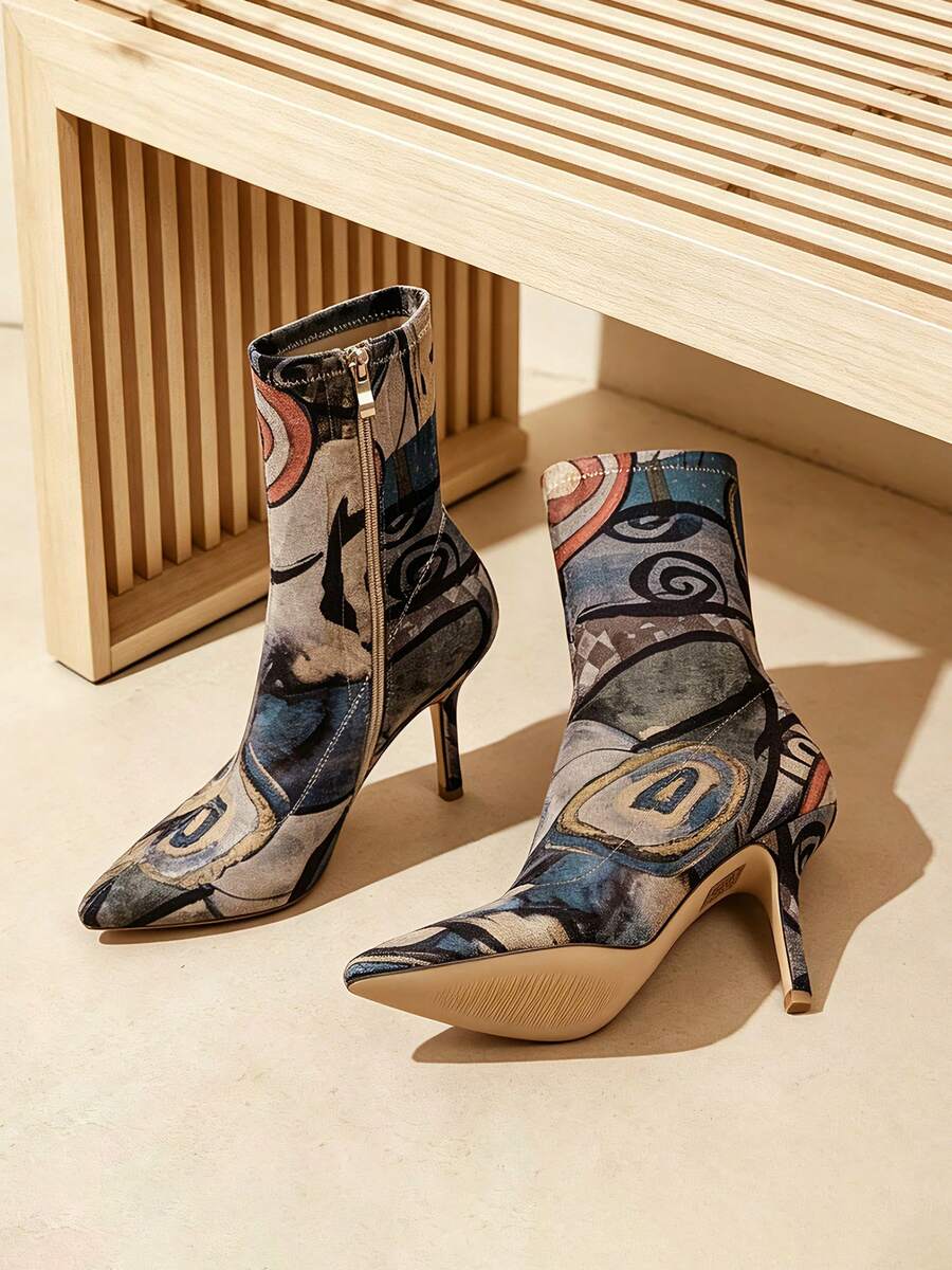 All Over Print Stiletto Ankle Boots For Women Pointed Toe Shoes, Fashion Unique Stretch Fabric For Heels Boots Each Pair May Vary For Surprise - 不規則-C - 查看 1