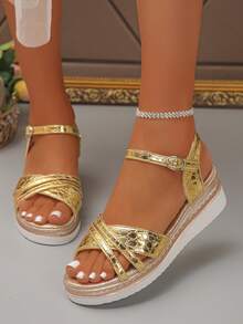 Women's Wedge Platform Sandals Solid Color Beach Buckle Comfortable Fashion Versatile Height-Increasing Sandals Summer New Vacation - Gold - View 3