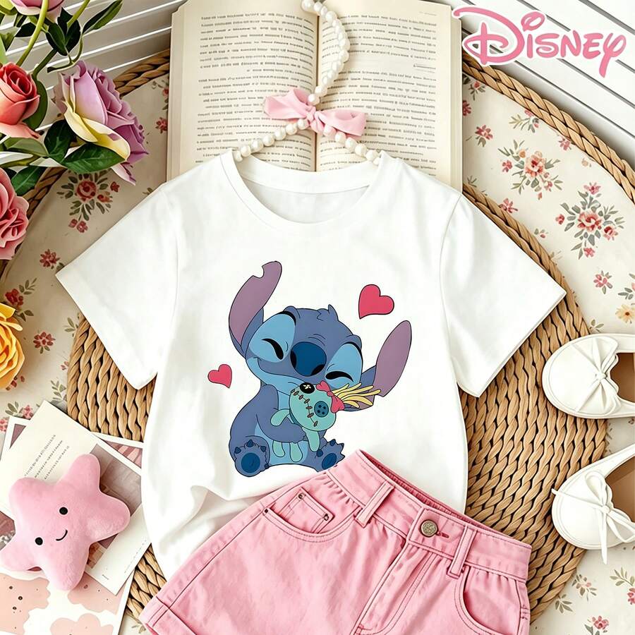 Disney Lilo & Stitch Love Print Teen Girl Clothes T-Shirt, Cute Voodoo Doll Graphic Short Sleeve Crew Neck Tee - White - View 1