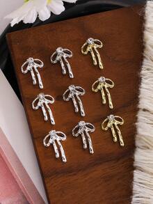 10Pcs Bow Nail Charms, Gold & Silver Tone Alloy Rhinestone Bow Nail Art Decorations, Luxury 3D Bow Nail Accessories For DIY Manicure & Press On Nails - Multicolor - View 6