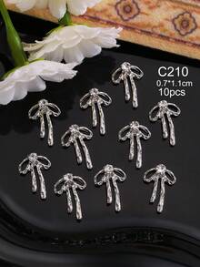 10Pcs Bow Nail Charms, Gold & Silver Tone Alloy Rhinestone Bow Nail Art Decorations, Luxury 3D Bow Nail Accessories For DIY Manicure & Press On Nails - Multicolor - View 9