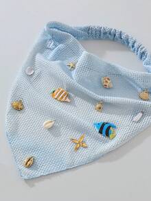 1件原創花卉圖案女款刺繡捲邊海星貝殼魚珍珠裝飾髮帶，適合日常與度假使用，夏季髮飾沙灘圍巾度假方巾 - 藍色 - 查看 3