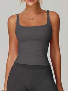 Luster Bright Damen graues Sport-Tanktop mit gepolsterten Cups, quadratischer Ausschnitt, schmale Passform, lässiger Stil, geeignet für Training, Laufen, Yoga, Pilates, Alltag und Fitnessstudio - Grau - Übersicht 6