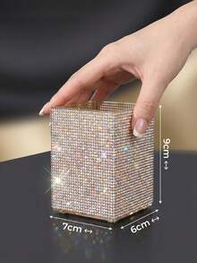 1pc Rhinestone Decorated Square Makeup Brush Holder, Large Capacity, Colorful Rhinestone Inlaid Surface, Luxurious Sparkling Style, Full Rhinestone Pattern, Square Column Shape, Neat Edge Details, Makeup Tool Container, Suitable For Bedroom Vanity, Makeup Room Tabletop And Other Scenes - Multicolor - View 6