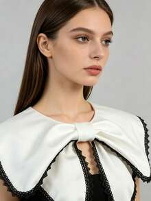1 Pc Detachable Bowknot False Collar White Lace Trim Satin Cape Collar, Vintage Lolita Style Dickey Collar, Versatile Accessory For Blouses & Dresses - White - View 6