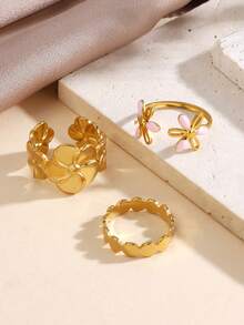 3pcs/Set Stainless Steel 18K Gold Plated Flower Ring, Pink Drip Oil Open Ring, Oval Plain Band Ring, Suitable For Women's Daily Wear - Multicolor - View 4