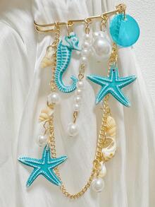 1pc Bohemian Ocean Vacation Style Brooch, Ocean Creature Acrylic Seahorse & Starfish Pendant With Faux Pearl And Shell Charm, Multi-Purpose Pin Brooch For Women - Multicolor - View 4