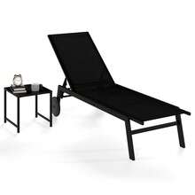 Patio Chaise Lounge Set Of 2 Fabric Lounger Chair With Tempered Glass Coffee Table Adjustable Backrest & Wheels Outdoor Lounge Reclining Chair For Backyard Poolside - Black - View 1