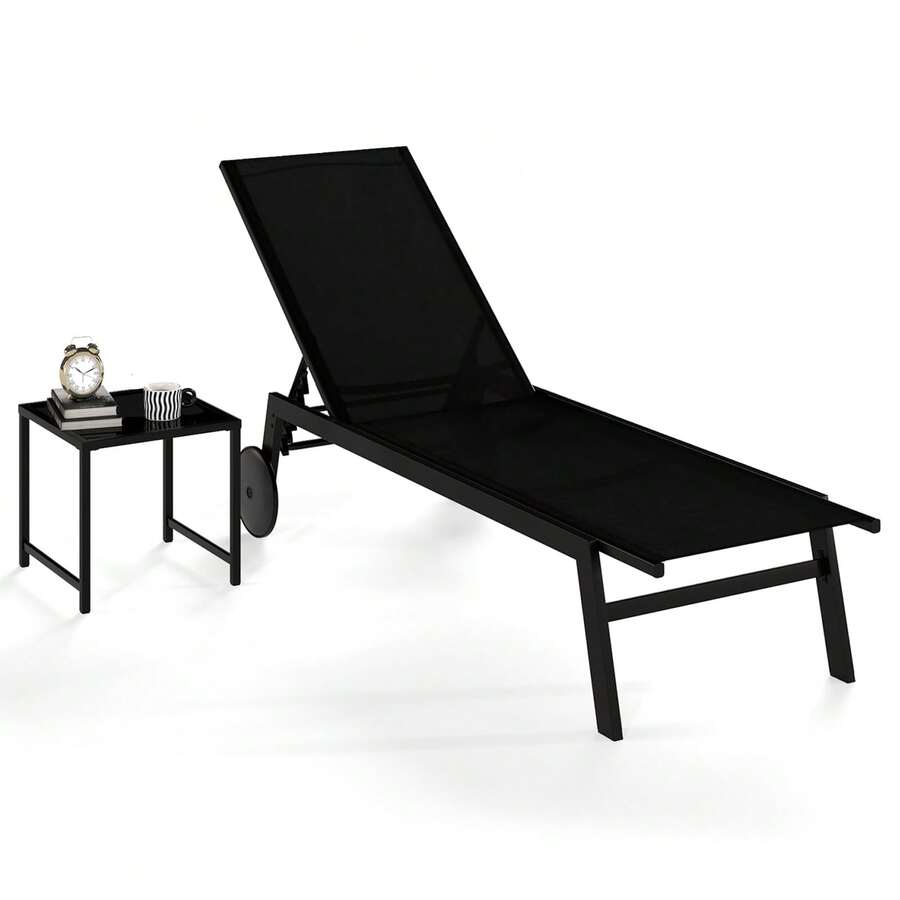 Patio Chaise Lounge Set Of 2 Fabric Lounger Chair With Tempered Glass Coffee Table Adjustable Backrest & Wheels Outdoor Lounge Reclining Chair For Backyard Poolside - Black - View 1