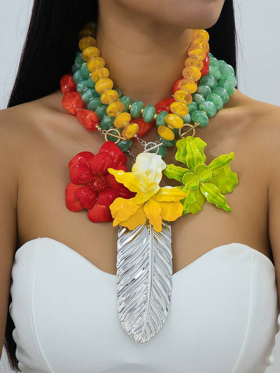 1件復古高端優雅噴漆彩色橘紅黃紅綠花卉誇張扁圓3D寶石串珠花朵吊墜項鍊 女士飾品獨特個性化旅行宴會珠寶禮物 - 串珠花 - 查看 1