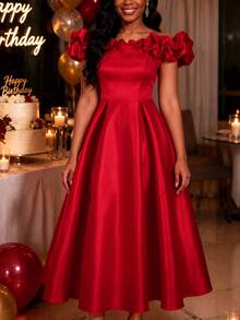 AOMEI Women's Sexy Vintage Red Pleated Off Shoulder A-Line Dress, 3D Ruffle High Waist Fashion Elegant Party, Date, Holiday, Wedding Guest Dress - Red - View 2