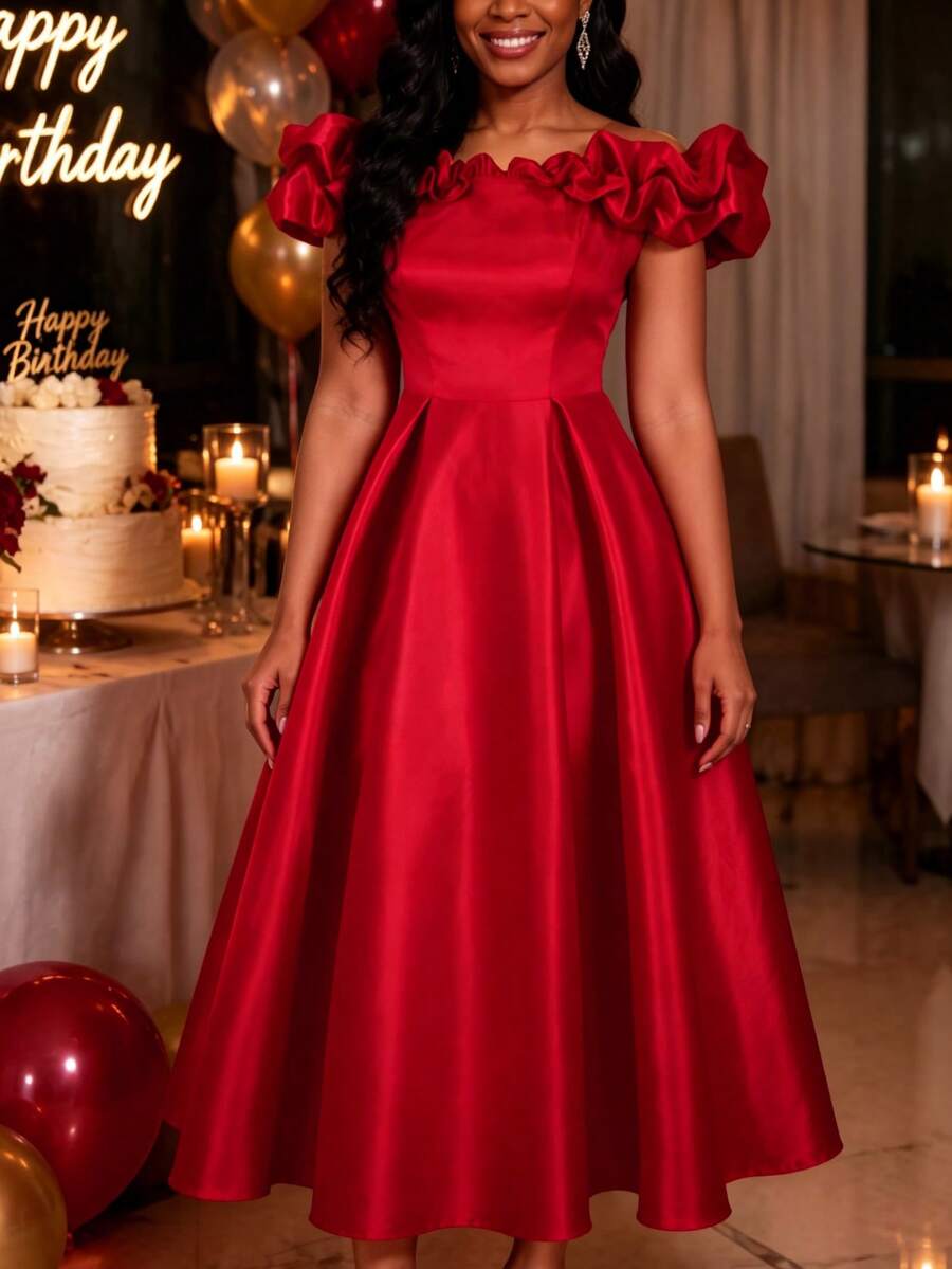 AOMEI Women's Sexy Vintage Red Pleated Off Shoulder A-Line Dress, 3D Ruffle High Waist Fashion Elegant Party, Date, Holiday, Wedding Guest Dress