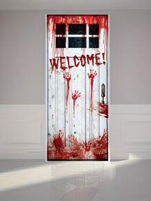 1pc Blood Handprint "WELCOME!" Pattern Polyester Door Curtain, Horror Style Hanging Door Decor, Suitable For Halloween, Haunted House Decoration, Party Scenes And Autumn Holiday Decor - View 6