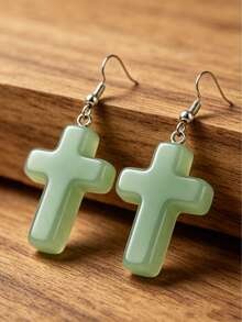 1 par de pendientes elegantes con colgante de cruz de aventurina verde, cristal natural de curación energética, joyería de estilo bohemio para uso diario, regalo de Pascua/Navidad - Multicolor - Ver 3