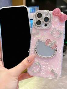 SANRIO 1pc Girls Fashion Creative Phone Case, Waterproof Anti-Drop Shockproof Material, Laser Color-Changing Heart, 3D Rhinestone KT Cat Head, Rhinestone Bow, Anime Style, Luxury Shiny, KT Cute Fashion, Suitable For Apple 17 Series 11/12/12pro, 13/14/15, 13pro/14pro/15pro 16promax, 17, 17pro, 17pro Max Phone Protective Case, Best Gift For Ramadan, Valentine's Day - Pink - View 3