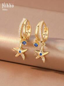 Hihho 1 Pair Ocean Vacation Style Charming Fashion Starfish Earrings, Royal Blue Zirconia Embellished, Versatile Women's Jewelry Ear Accessories Suitable For Daily, Party, Outing, Holiday Decoration Gift - Starfish - View 1