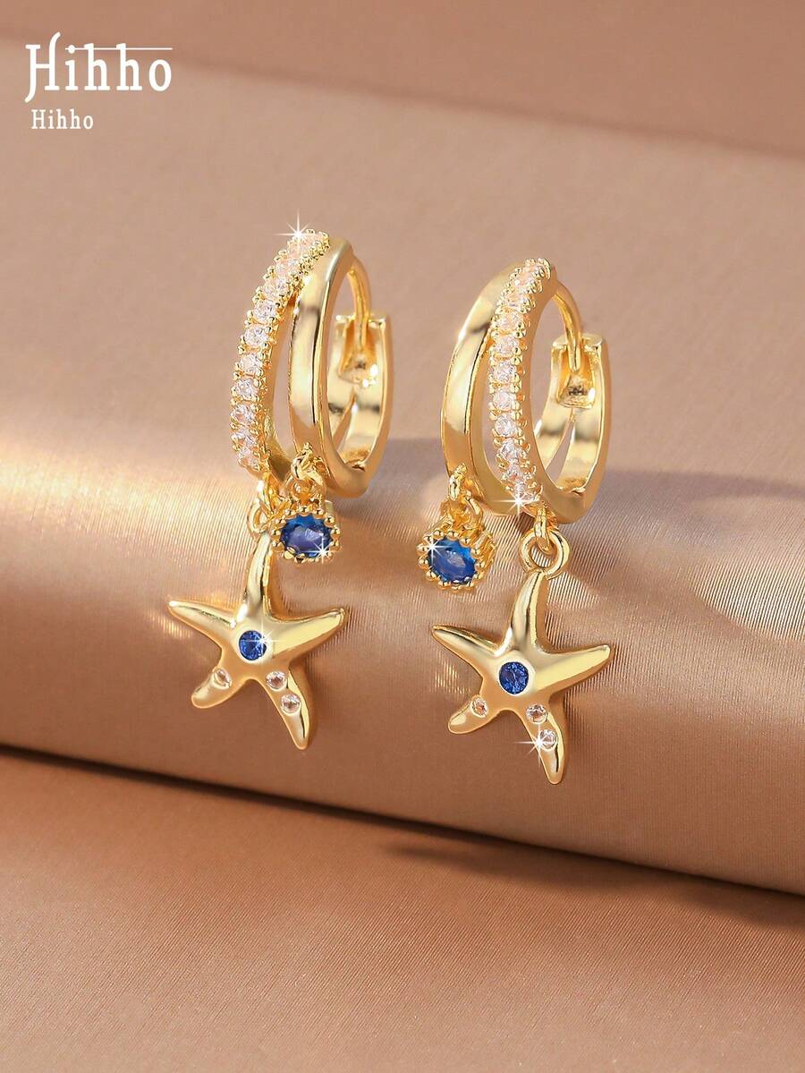 Hihho 1 Pair Ocean Vacation Style Charming Fashion Starfish Earrings, Royal Blue Zirconia Embellished, Versatile Women's Jewelry Ear Accessories Suitable For Daily, Party, Outing, Holiday Decoration Gift - Starfish - View 1