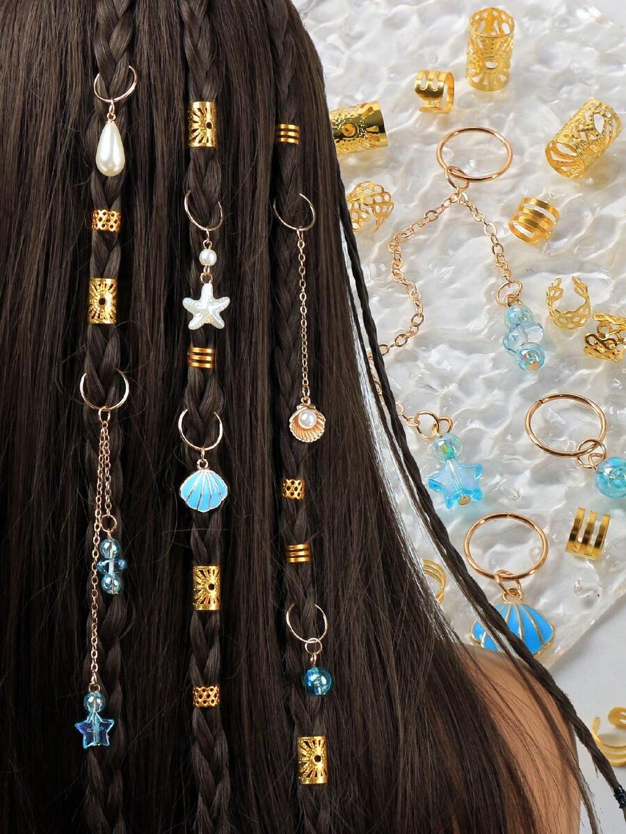 36pcs Women's Braid Hair Clips, Beach Hair Accessories, Starfish Tassel Hair Rings, Summer Vacation Braid Hair Clips, Personalized, Fashion, Vintage, Suitable For Daily Wear,Hair Claws - Gold - View 1
