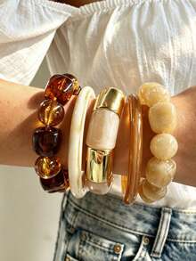 1/4/5 piezas Conjunto de pulseras de estilo vintage de dinero antiguo con cuentas minimalistas de resina ABS, adecuado para el uso diario de mujeres, citas exageradas, accesorio versátil y elegante para la temporada de vacaciones, regalo perfecto para fiestas y cumpleaños - Multicolor - Ver 1