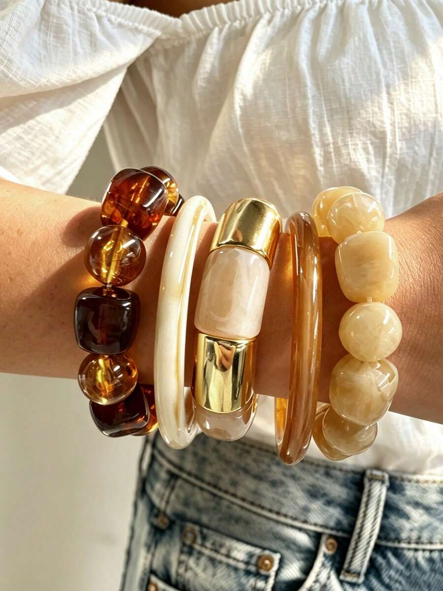 1/4/5 piezas Conjunto de pulseras de estilo vintage de dinero antiguo con cuentas minimalistas de resina ABS, adecuado para el uso diario de mujeres, citas exageradas, accesorio versátil y elegante para la temporada de vacaciones, regalo perfecto para fiestas y cumpleaños - Multicolor - Ver 1