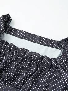 Women Summer Blouses Casual Stylish Dotted Pattern Ruffled Trim Slim Fit Shirts Square Neck Bubble Short Sleeve Tops - Negro - Ver 6